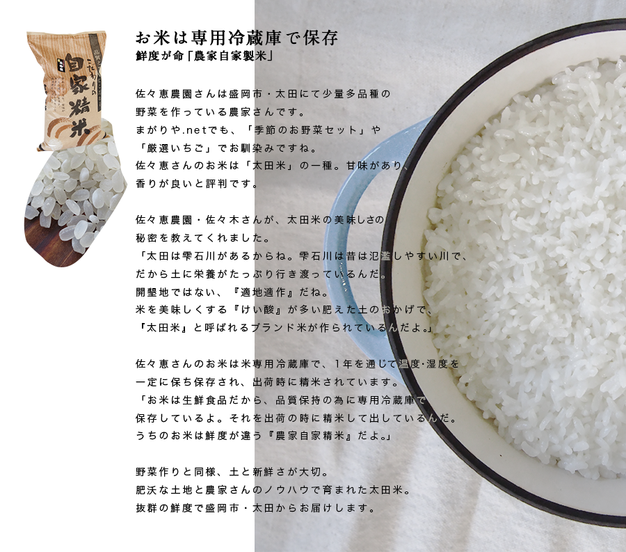 お米は専用冷蔵庫で保存鮮度が命「農家自家製米」佐々恵農園さんは盛岡市・太田にて少量多品種の野菜を作っている農家さんです。まがりや.netでも、「季節のお野菜セット」や「厳選いちご」でお馴染みですね。佐々恵さんのお米は「太田米」の一種。甘味があり、香りが良いと評判です。佐々恵農園・佐々木さんが、太田米の美味しさの秘密を教えてくれました。「太田は雫石川があるからね。雫石川は昔は氾濫しやすい川で、だから土に栄養がたっぷり行き渡っているんだ。開墾地ではない、『適地適作』だね。米を美味しくする『けい酸』が多い肥えた土のおかげで、『太田米』と呼ばれるブランド米が作られているんだよ。」佐々恵さんのお米は米専用冷蔵庫で、1年を通じて温度・湿度を一定に保ち保存され、出荷時に精米されています。「お米は生鮮食品だから、品質保持の為に専用冷蔵庫で保存しているよ。それを出荷の時に精米して出しているんだ。うちのお米は鮮度が違う『農家自家精米』だよ。」野菜作りと同様、土と新鮮さが大切。肥沃な土地と農家さんのノウハウで育まれた太田米。抜群の鮮度で盛岡市・太田からお届けします。